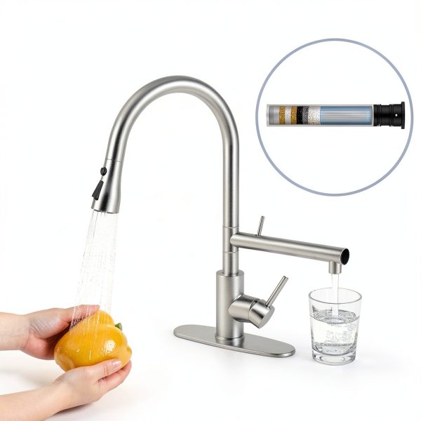 FEELSO Kitchen Faucet with Filter Pull Down Sprayer Brushed-1