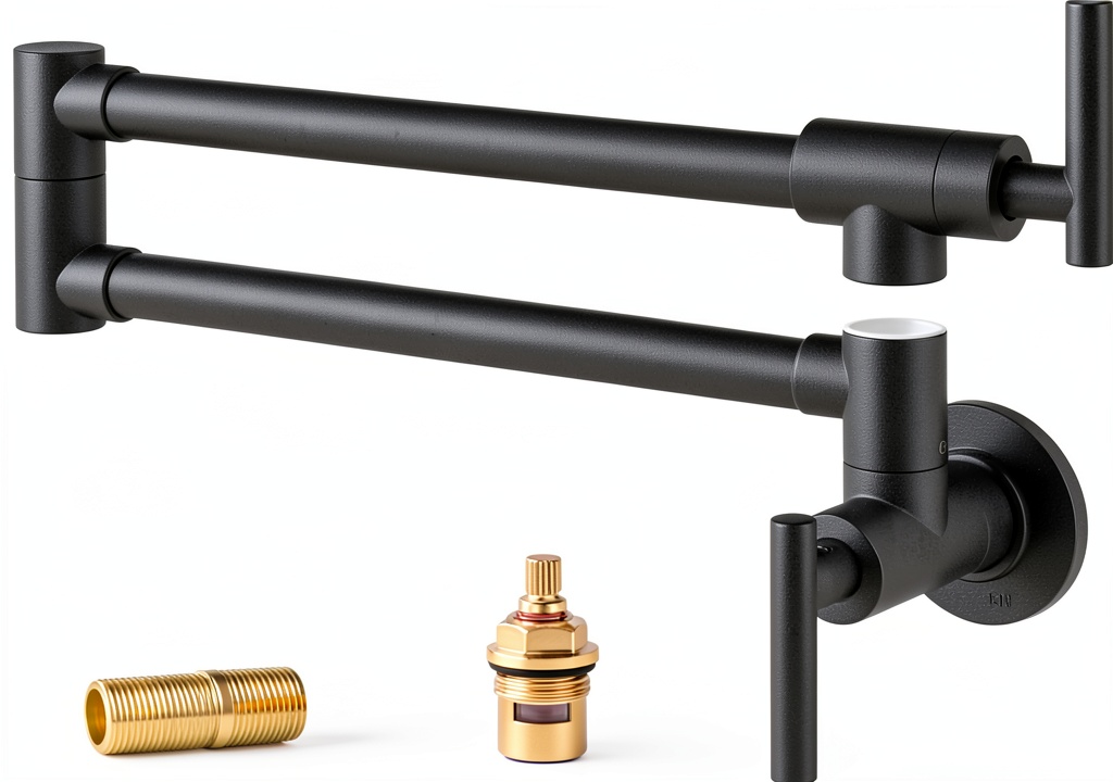 WOWOW pot filler faucet installed above a stove in a modern kitchen