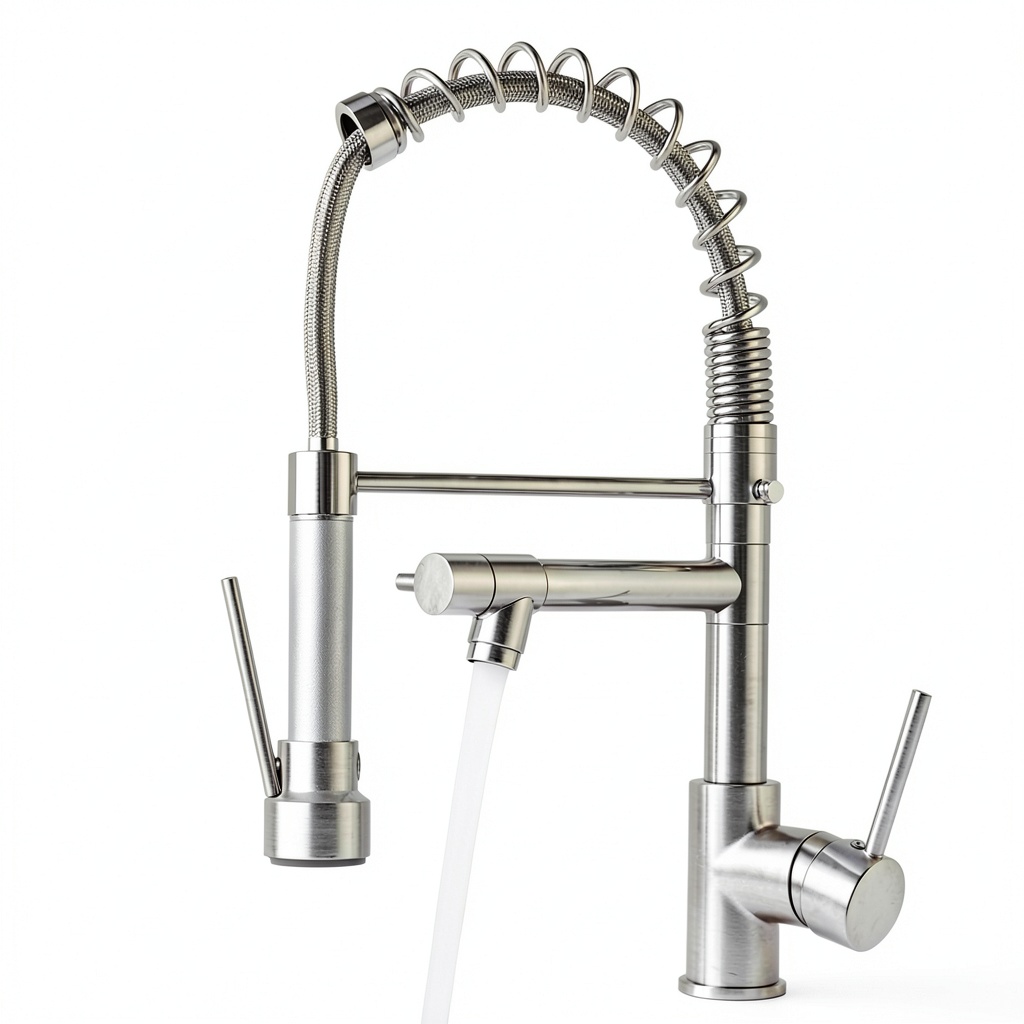AIMADI brushed nickel kitchen faucet installed in a modern kitchen