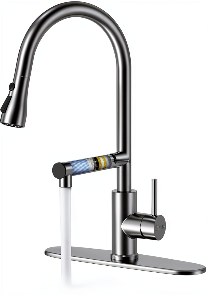 FEELSO kitchen faucet installed in a modern sink with brushed nickel finish