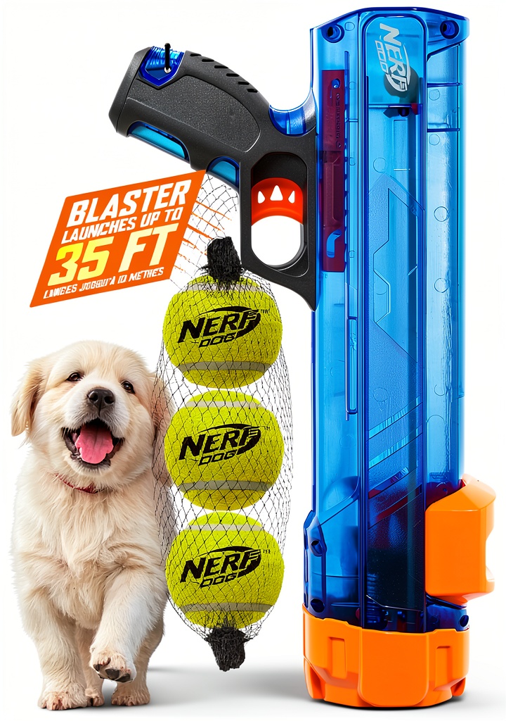 Nerf Dog Tennis Blaster being used in a backyard garden